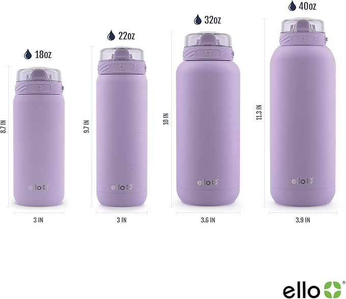 Ello Cooper 40oz Stainless Steel Water Bottle with Straw and Carry Handle, Double Walled and Vacuum Insulated Metal, Leak Proof Locking Lid with Soft Silicone Spout, Reusable, BPA Free, Lilac