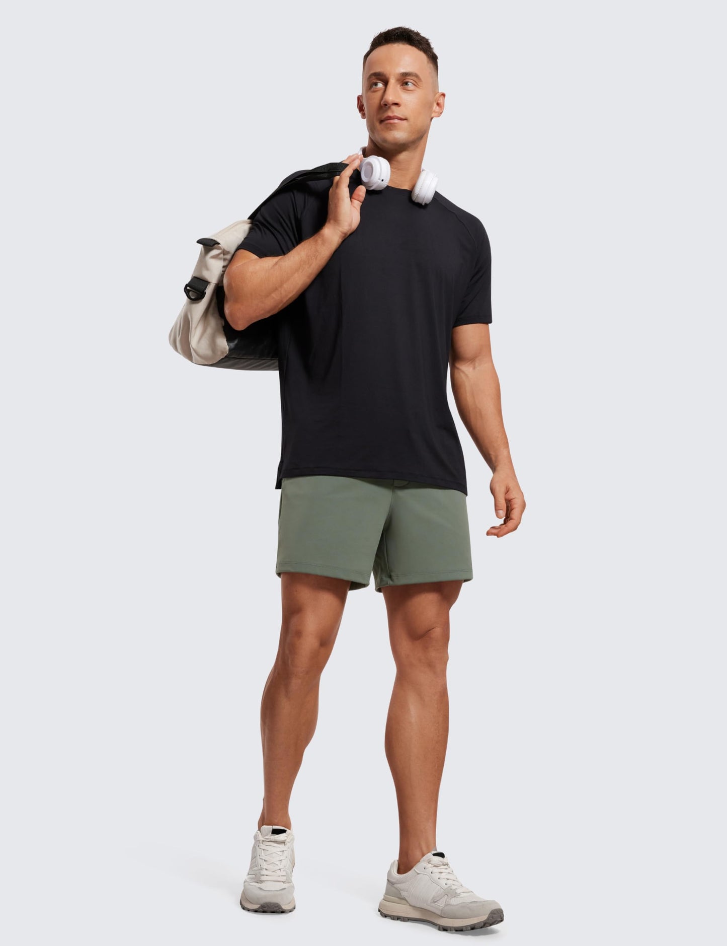 CRZ YOGA Men's Four-Way Stretch Workout Shorts - 5'' Soft Durable Casual Athletic Shorts with Pockets Gym Running Hiking Grey Sage Large