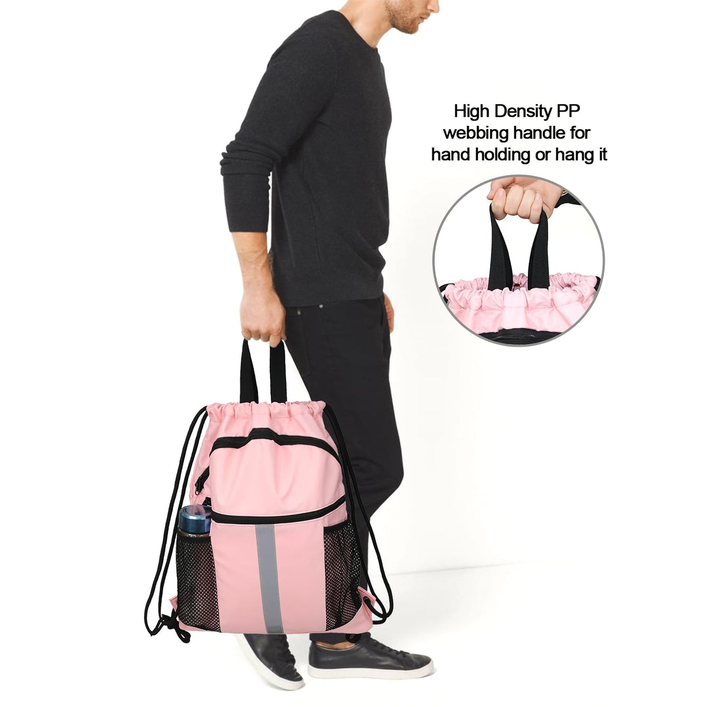 BeeGreen Pink Drawstring Backpack Bag with Shoe Compartment X-Large Gym Sports String Cinch Sackpack with Front Inside Zipper Pockets 75D