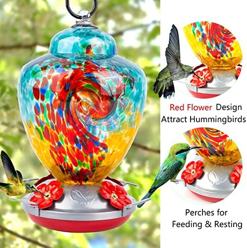 REZIPO Hummingbird Feeder with Perch - Hand Blown Glass - 38 Fluid Ounces Hummingbird Nectar Capacity Include Hanging Wires and Moat Hook (Half Green)