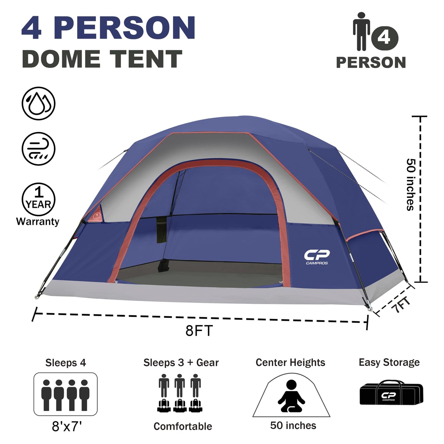 CAMPROS CP 4 Person Tent, Dome Tents for Camping with Rainfly, Waterproof Camping Tent Easy Set Up, Portable Family Tent with Large Mesh Window & Carry Bag for Outdoor Hiking
