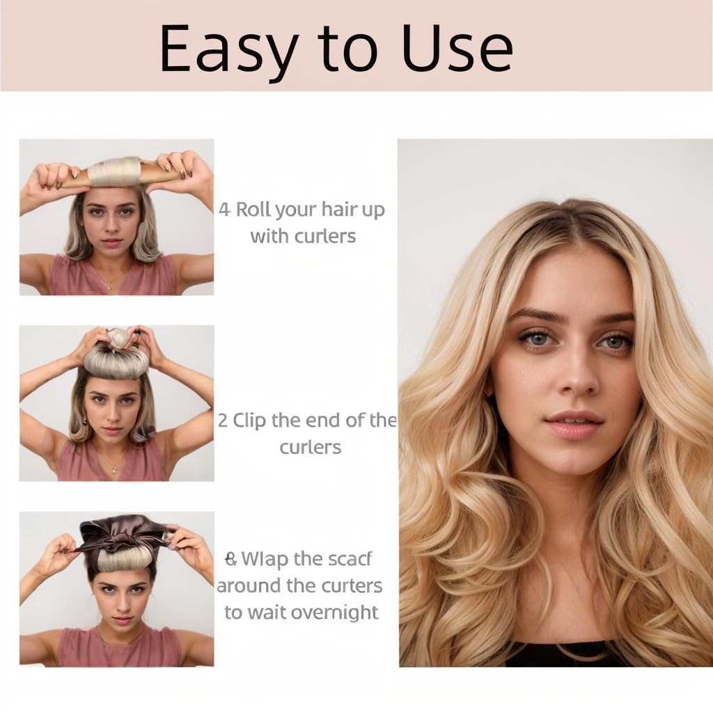Overnight Blowout Rods,Jumbo Heatless Curling Roller for Long Hair to Sleep in,4 Pcs Soft Velvet Satin Curlers with Scarf for Volume and Blowout Look