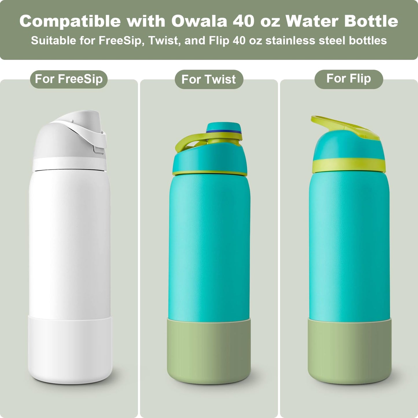 Alwenid 2PCS Silicone Water Bottle Boot for Owala 40 Oz, Anti-Slip Protective Sleeve Bottom Bumper Protector for FreeSip, Twist, and Flip Stainless Steel Water Bottles (Mint+Clear)