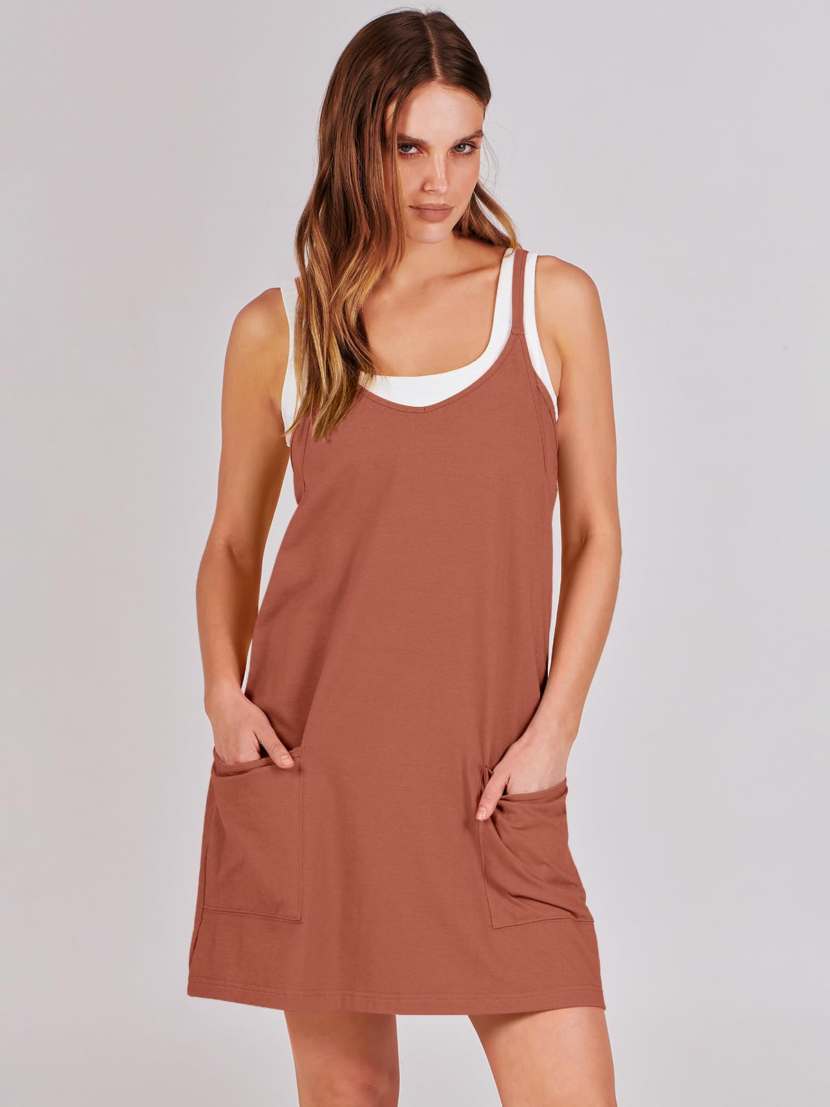 ANRABESS Women Summer Mini Romper Dress Workout Tennis Active Sports Athleisure Outfits Built in Shorts Trendy Vacation Rust X-Smal