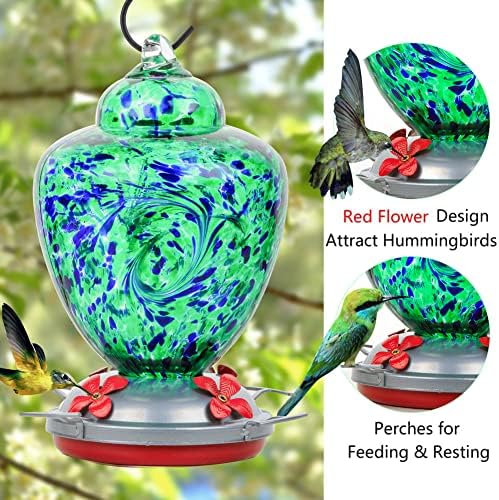 REZIPO Hummingbird Feeder with Perch - Hand Blown Glass - Green(Firework) - 38 Fluid Ounces Hummingbird Nectar Capacity Include Hanging Wires and Moat Hook, blue/Green