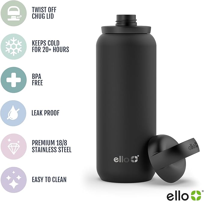 Ello Cooper Twist 32oz Stainless Steel Water Bottle with Chug Lid | Leak Proof | Double Walled and Vacuum Insulated | Built in Carry Loop | Dishwasher Safe | Halogen Blue