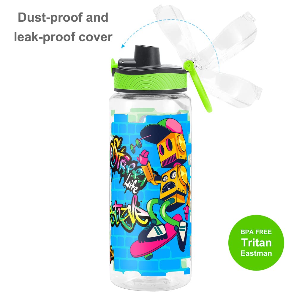 Cute Water Bottle for School Kids Girls, BPA FREE Tritan & Leak Proof & Easy Clean & Carry Handle, 23oz/ 680ml - Sports Robot