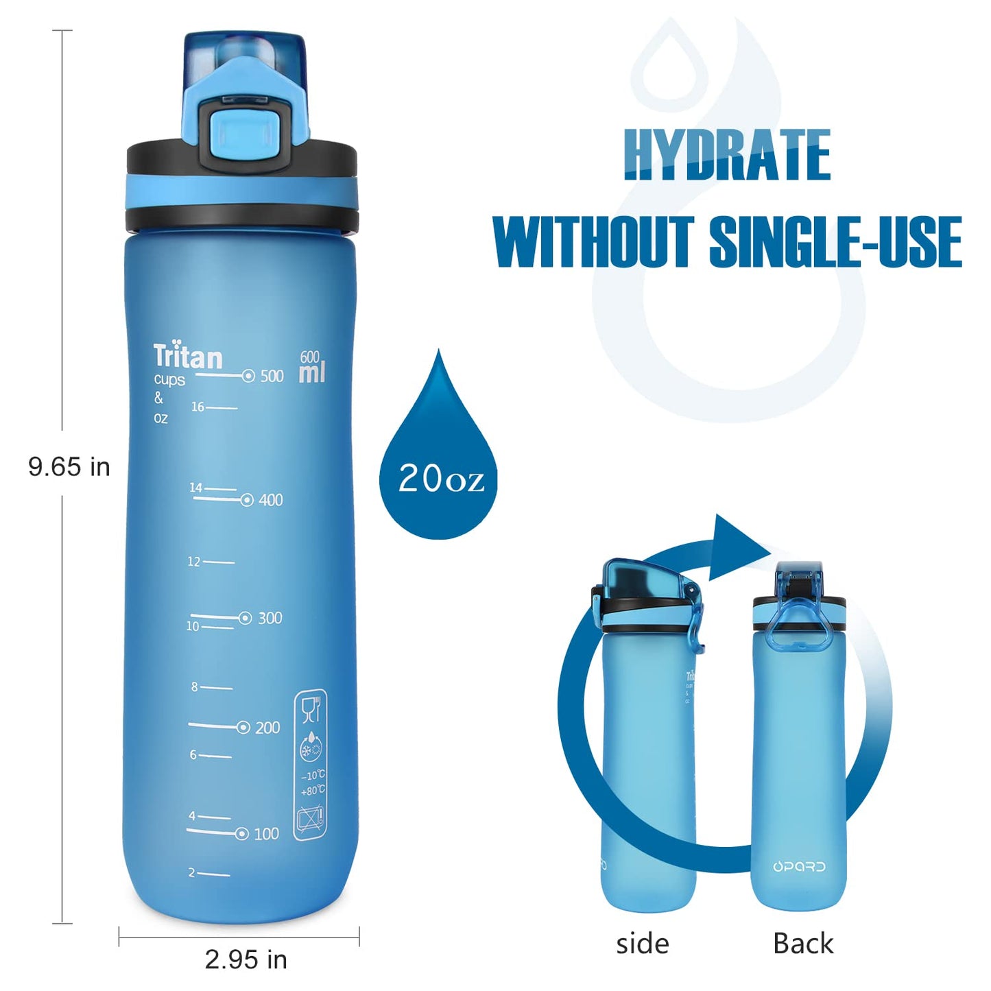 Opard Peak Water Bottle 20 Oz BPA Free Tritan Plastic Leak Proof Flip Top for School Kids Sports Gym Yoga Camping (Aqua)