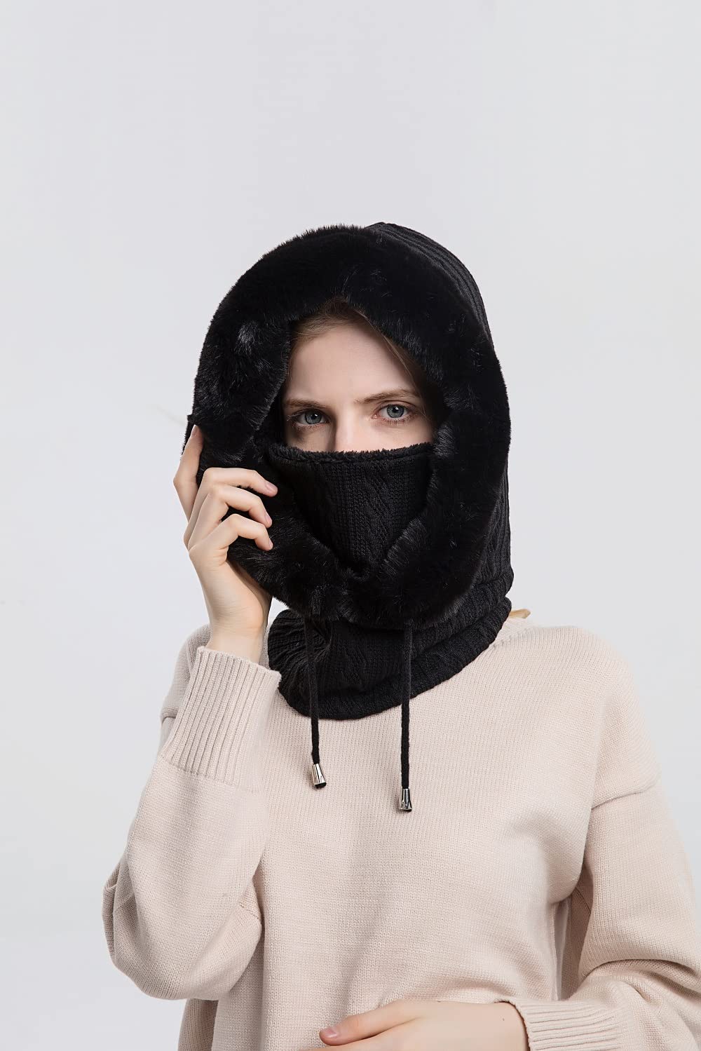 AkiiGer Womens Winter Hats, Warm Hooded Scarf Hat for Women, Fleece Beanie Hats with Drawstring, Winter Balaclava Knit Skull Cap(Black)