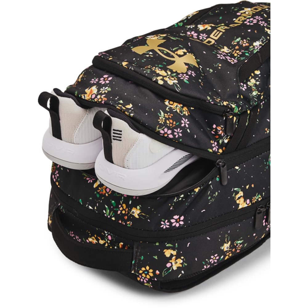 Under Armour Unisex-Adult Hustle 6.0 Backpack, (004) Black/Black/Metallic Gold, One Size Fits Most