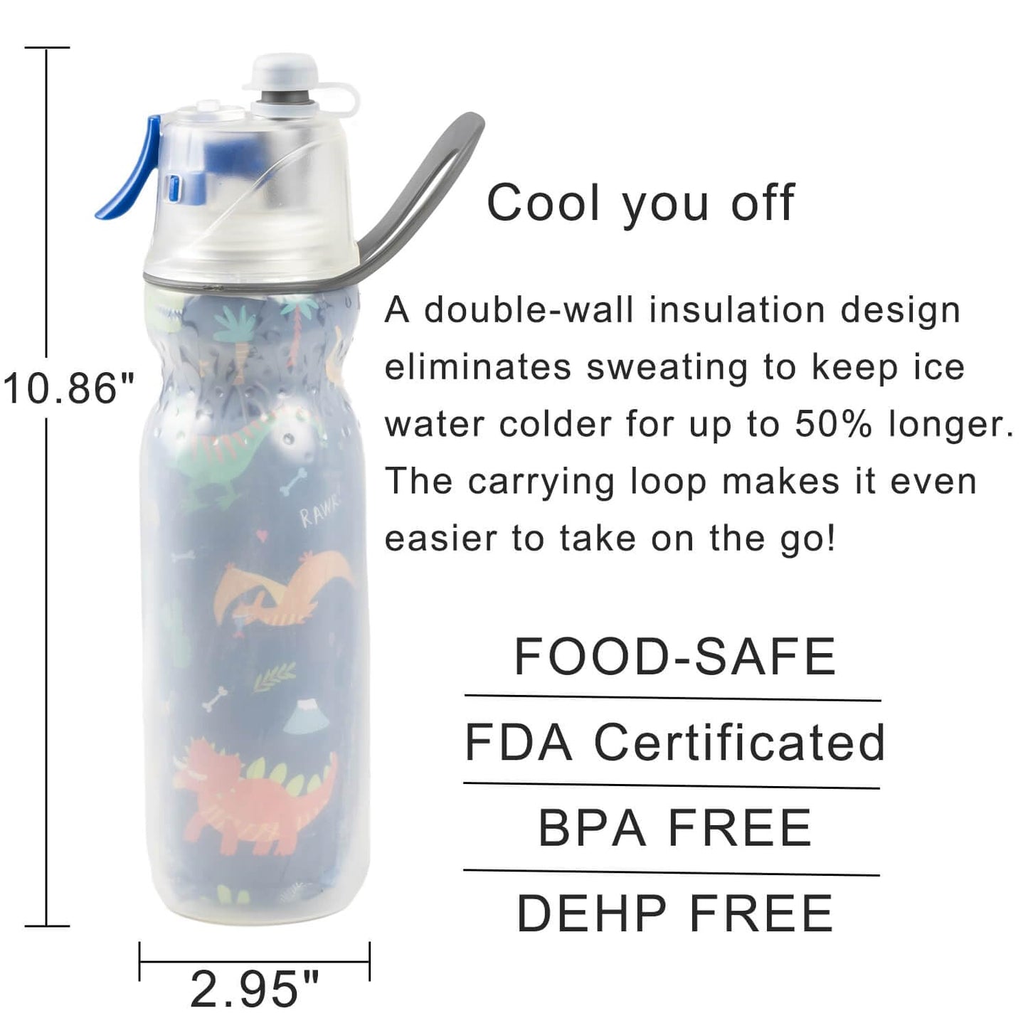 efiLneerG Misting Water Bottle 20 oz Dinosaur Sports Water Bottle for Kids School Gifts for Boys Girls Insulated Spray Mist and Sip Water Bottles