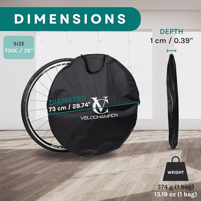 VeloChampion Waterproof Bicycle Wheel Bag Storage Cover | Mountain, Road or Gravel Bike | 650b. 700c. 26” 27.5” 29” Bicycle Wheelset Transport Travel Case (Black, 28.74" (Road) x2)