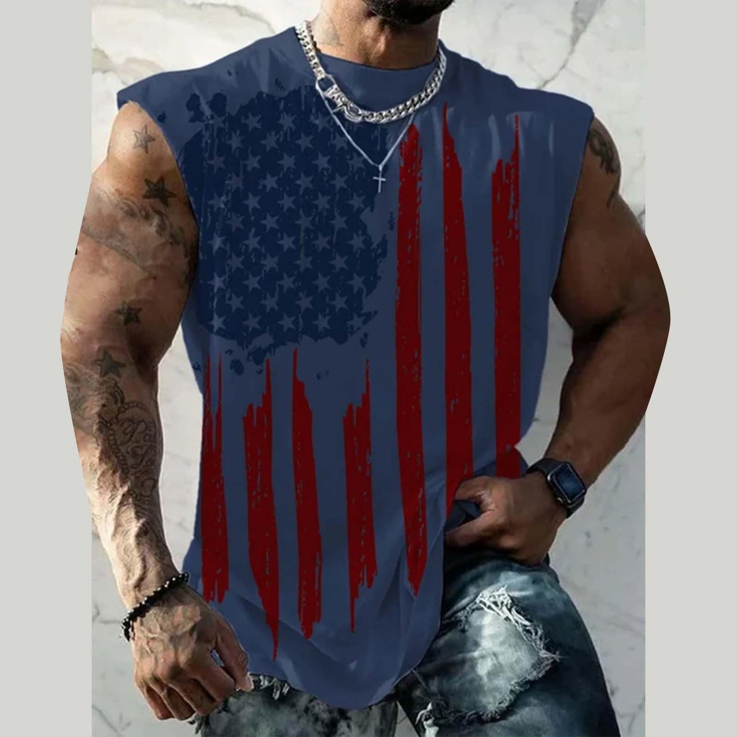 Generic American Flag Tank Top Mens 4th of July Shirt Patriotic USA Sleeveless Graphic Muscle Shirts Summer Workout Gym Funny Tanks Fourth of July Memorial Day Big and Tall T-Shirt Navy M