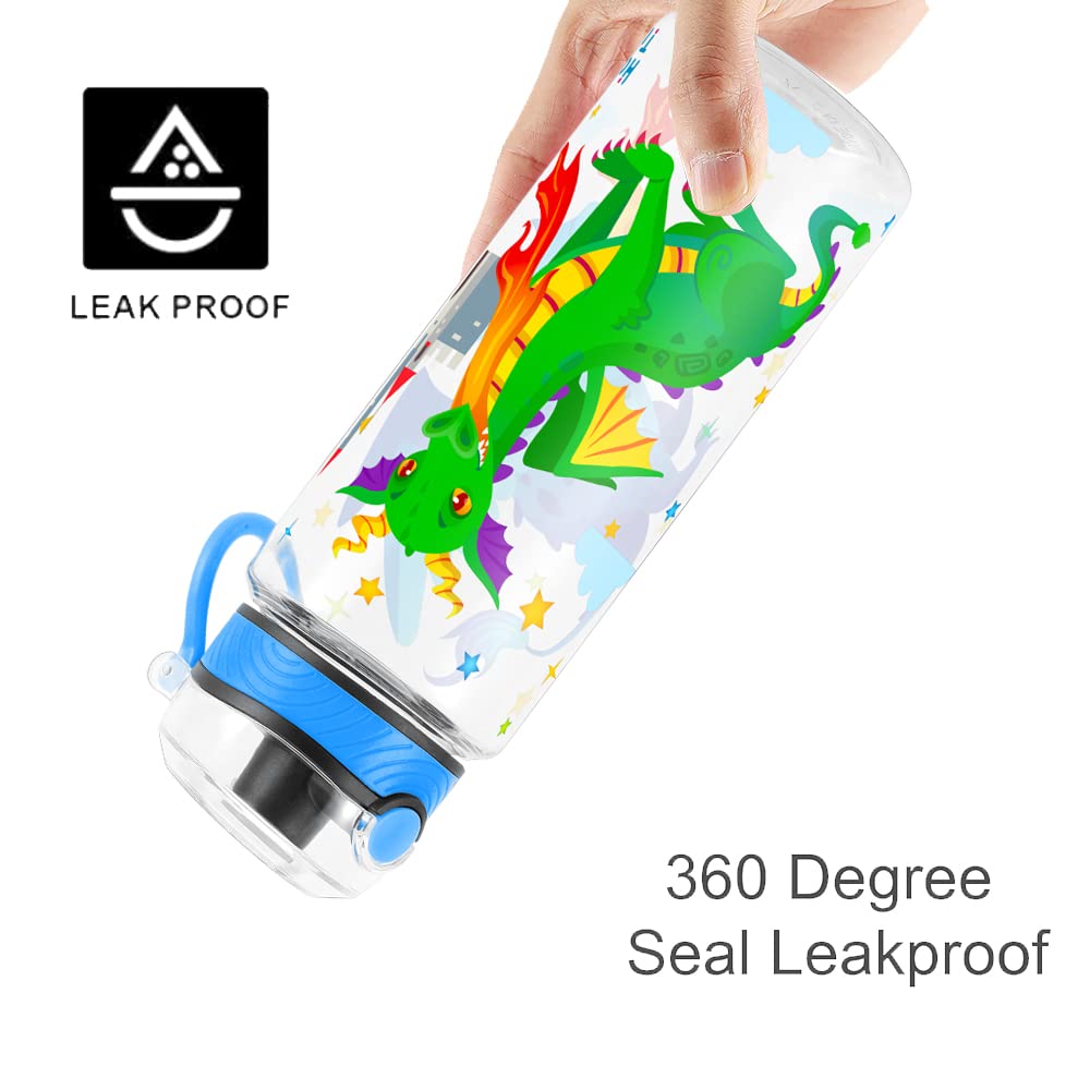 Cute Water Bottle for School Kids Girls, BPA FREE Tritan & Leak Proof & Easy Clean & Carry Handle, 23oz/ 680ml (Fire Dragon)