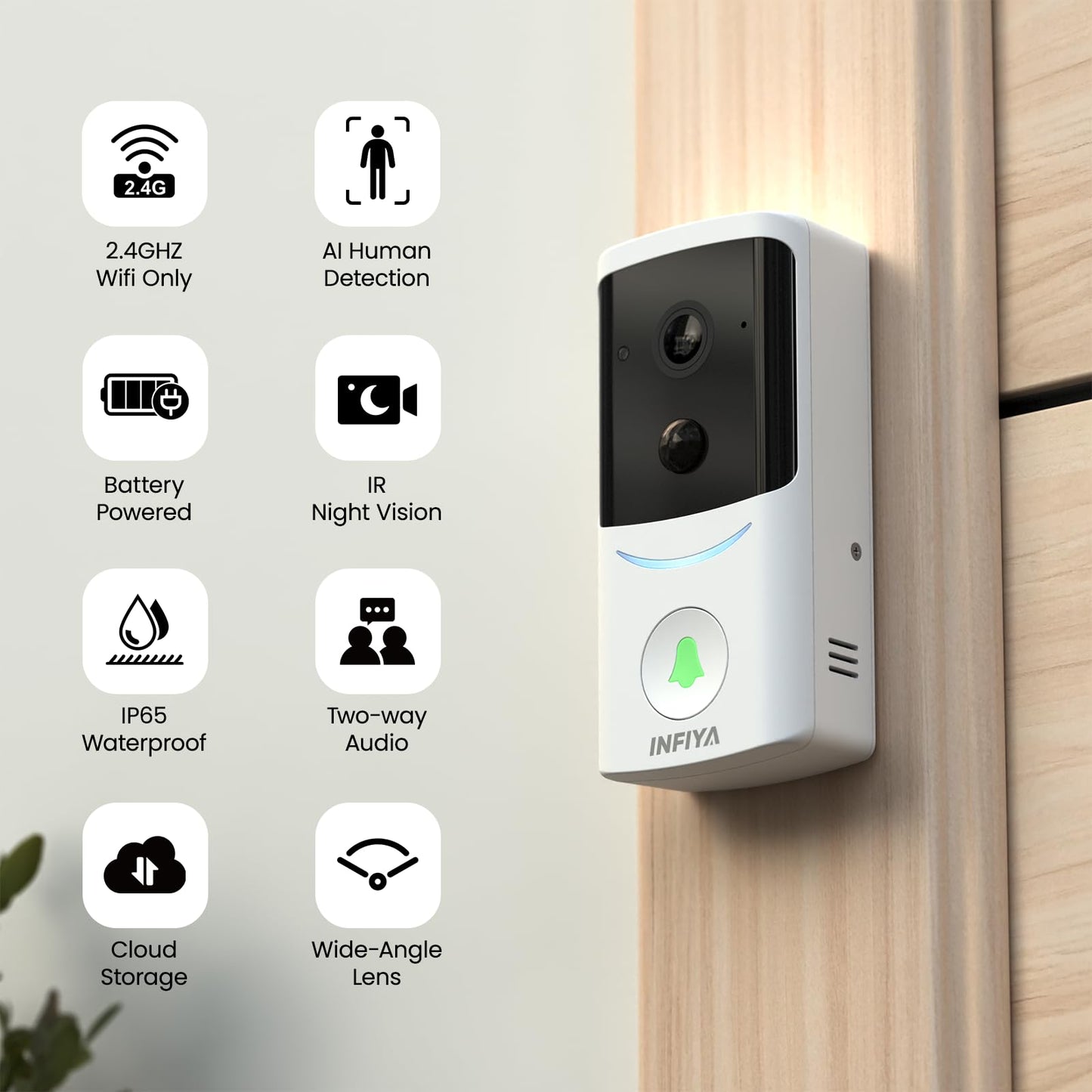 INFIYA Video Doorbell Camera Wireless-2K Outdoor Front Door Camera with Chime Included for Home Security, Easy Installation, AI Human Detection, Instant Alerts, Night Vision, Two-Way Audio, M1 White