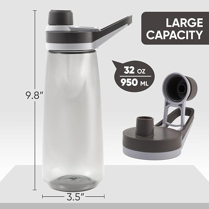 Kerilyn 32oz Water Bottle, Wide Mouth Plastic Water Bottles Chug Lid Sports Water Bottle, Reusable Water Bottle With Handle, Leak-Proof Clear Water Bottle for Travel, Fitness, Men, Women, Black