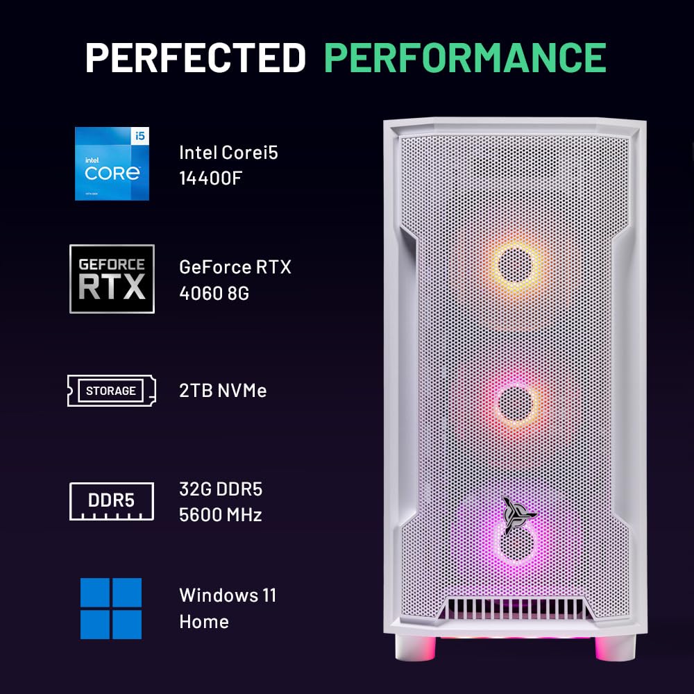 Skytech Gaming Archangel Desktop PC, Intel i5 14400F 2.5 GHz (4.7GHz), NVIDIA RTX 4060 8GB, 2TB NVMe SSD, 32GB DDR5 RAM 5600 RGB, 650W Gold PSU, Wi-Fi, Win 11