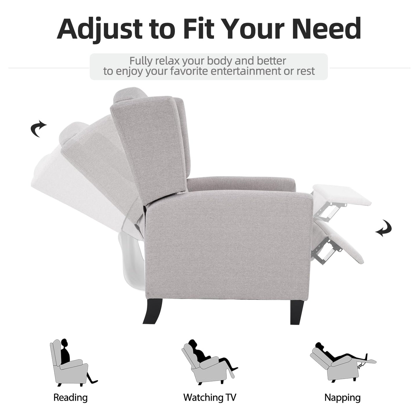 INZOY Wingback Pushback Recliner Chair Set of 2, Fabric Push Back Recliners with Padded Seat, Mid Century Modern Reclining Chair for Living Room Bedroom, Grey