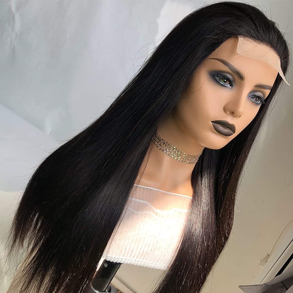 Ainimiu Straight Lace Closure Wigs Human Hair Pre Plucked 180% Density Glueless 12A Brazilian Virgin Hair 4x4 Lace Front Wigs Human Hair For Black Women Natural Black Wig With Baby Hair 18inch