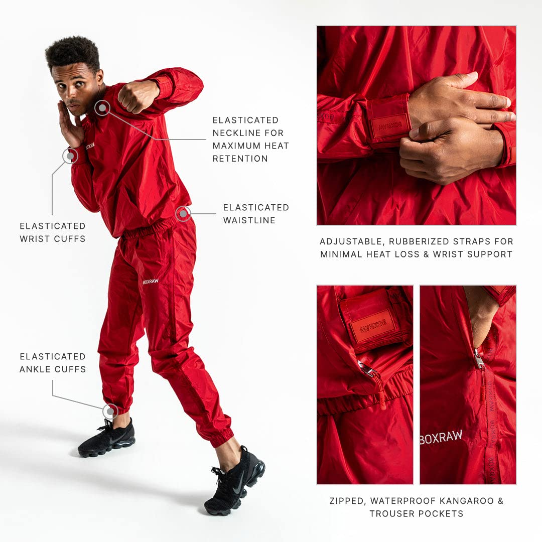 BOXRAW Hagler Professional Sauna Suit 1.0 Top & Bottoms Non Rip Sweat Suit Boxing MMA Training Gym (Red - XL)