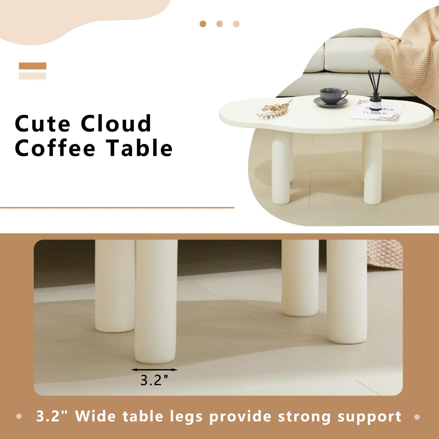 ANTJUMPER Cloud Coffee Table - Cute Coffee Table - Irregular Shape Coffee Table with 4 Legs - Modern End Table for Living Room,Apartment,Bedroom,Easy Assembly-White