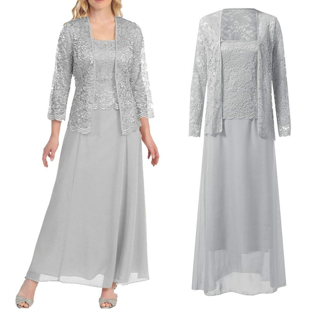 Aniywn Women Plus Size Two Piece Long Sleeve Party Dress Lace Solid Color Elegant Long Maxi Dress Mini Dress