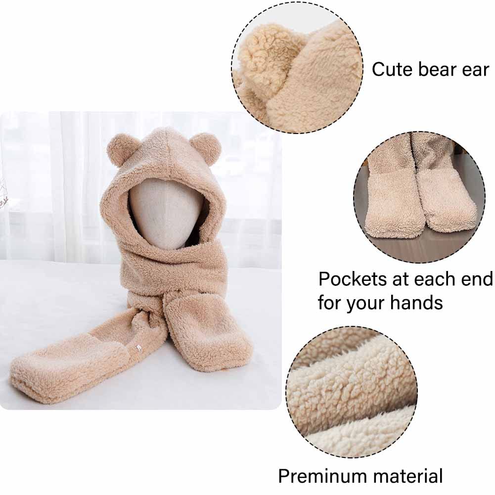 AIYUENCICI Winter Hoodie Hat Scarf Gloves Set, 3 in 1 Warm Plush Coral Fleece Animal Hats, Cute Ear Beanie Caps Stylish Thick Slouchy Soft Snow Hat for Women Girl Skiing Christmas Gift(Beige)
