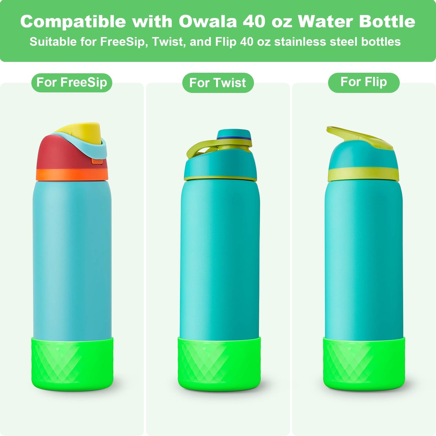 Alwenid 2PCS Silicone Water Bottle Boot for Owala 40 Oz, Anti-Slip Protective Sleeve Bottom Bumper Protector for FreeSip, Twist, and Flip Stainless Steel Water Bottles (Bright Green)