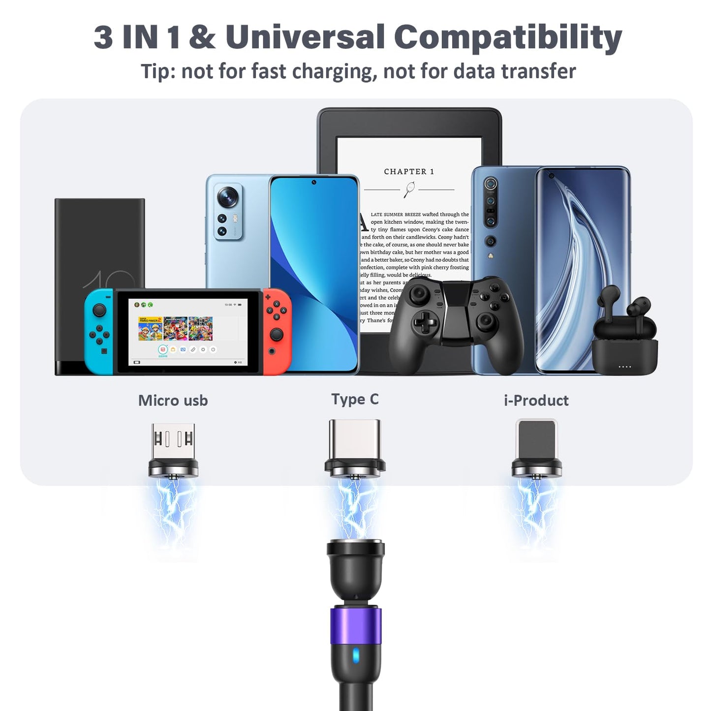 Aripps Magnetic Charging Cable 4 Pack (3.3ft/6.6ft/6.6ft/10ft), 540 Degree Rotating Magnet Phone Charger Cable, 3 in 1 Nylon Magnetic USB Cable for Micro,Type C and iProduct Device