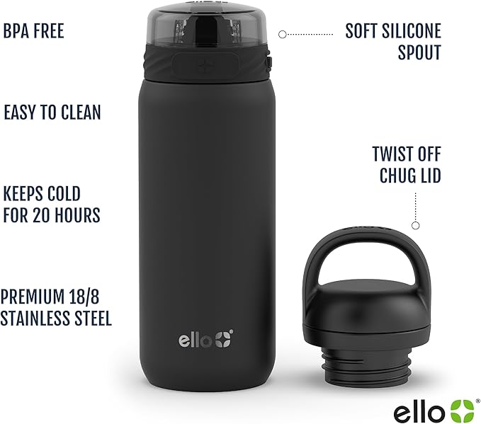Ello Cooper 18oz Kids Stainless Steel Water Bottle with 2 Lids Chug and Straw | Leak Proof Double Walled and Vacuum Insulated | Fits Car Cupholder | Built in Carry Loop | Dishwasher Safe | Black