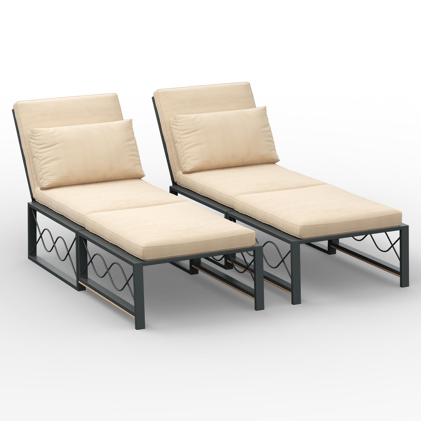 AECOJOY Outdoor Metal Chaise Lounge Chair Set of 2, Patio Convertible Armchair with Cushions, Adjustable 5-Position Recliner with Full Flat Tanning Function for Outside, Pool, Beige, 2 Pack
