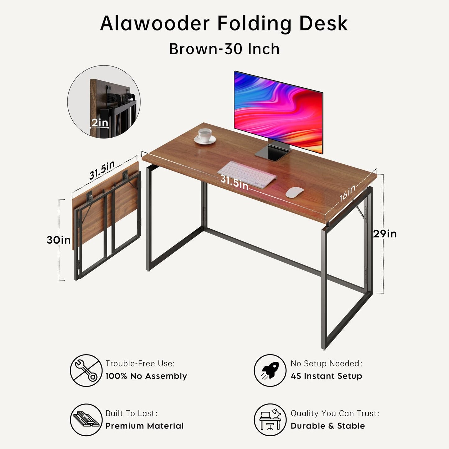 alawooder Folding Desk 30 Inch - No Assembly Small Foldable Desk for Small Space, Minimalist Space Saving Collapsible Compact Desk Portable Table for Craft, Writing, Study and Work