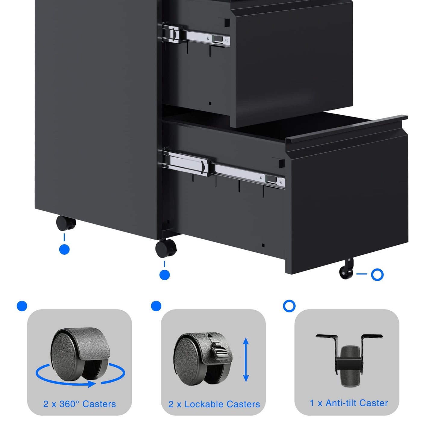 Aobabo 2 Drawer File Cabinet, Lockable Metal Filing Cabinet with Wheels for Home Office, Legal/Letter Size, Fully Assembled Except Wheels, Black