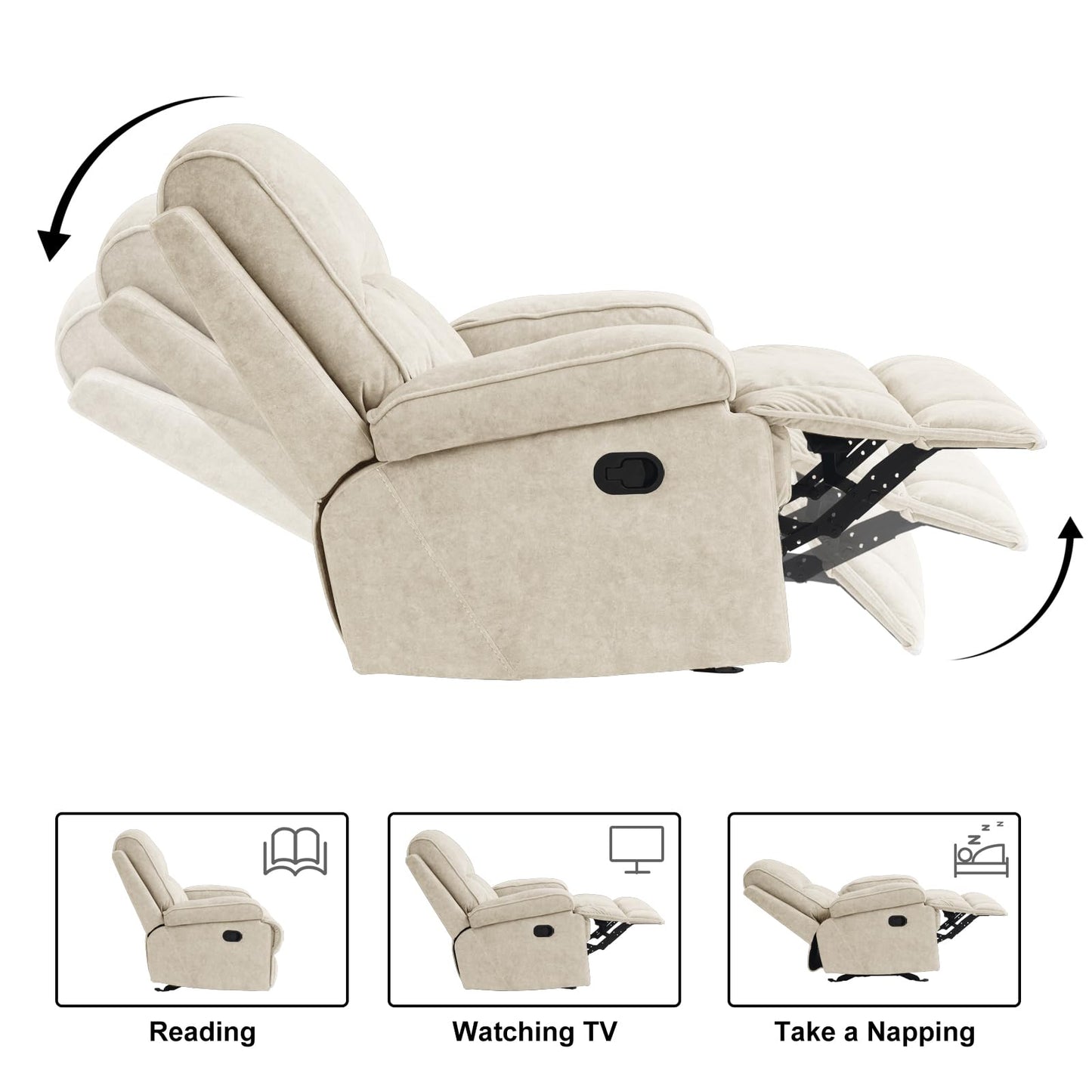 KeyEnergy Rocker Recliner Chair for Adults, Manual Glider Chair for Nursery, Reclining Single Sofa Chair for Living Room, Upholstered Fabric Armchair, High Back, Deep Seat, Beige