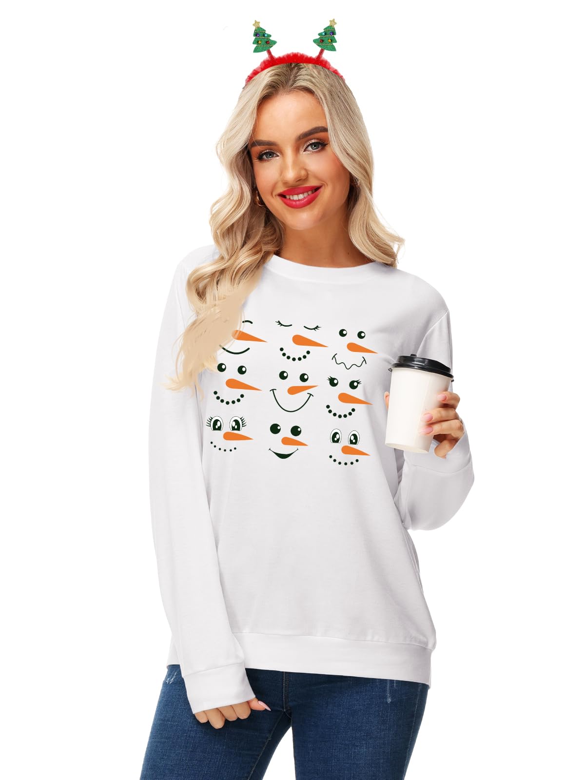 AOBUTE Womens Christmas Snowman Shirts Xmas Long Sleeve Print Holiday Party Tops 2XL