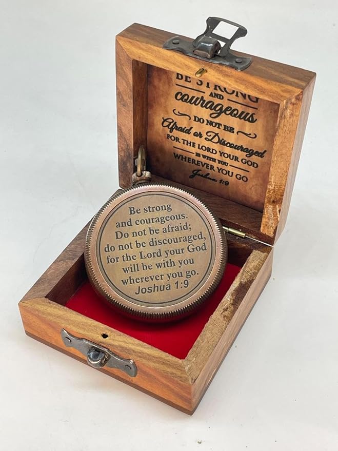 Antique Brass Compass Gift, Pocket Sundial Compass with Engraved Quote Be Strong and Courageous Perfect Compass Gifts for Men, Vintage Nautical Compass
