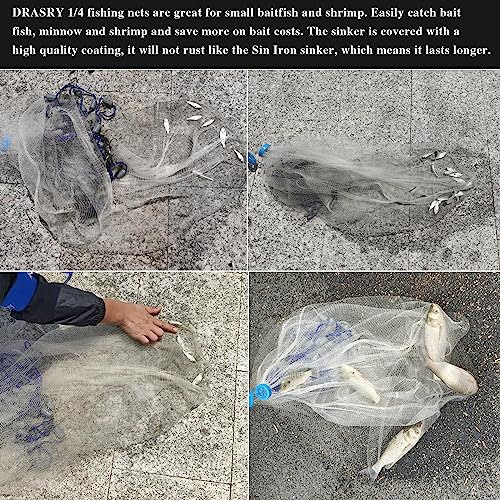 Drasry Saltwater Fishing Cast Net 3/8 and 1/4 Mesh with Heavy Duty Gray Sinker American Monofilament Fish Throw Net for Bait Trap 3FT 4FT 5FT 6FT 7FT 8FT 9FT Radius 1/4, 3FT Radius /90cm