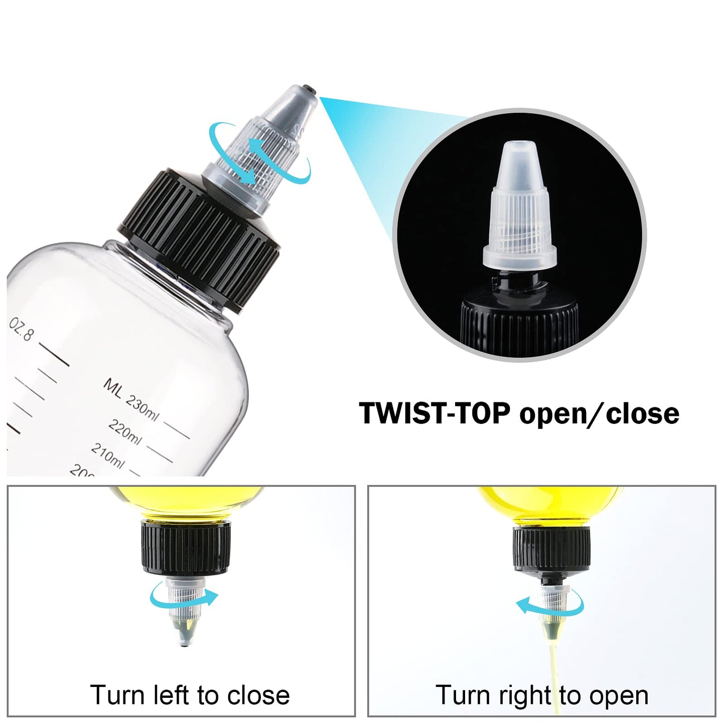 Cosywell Applicator Bottle for Hair Dye 8.5oz 2 Pack With Graduated Scale, Twist-On Top Tip Cap, Empty Plastic Color Oil Squeeze Bottles
