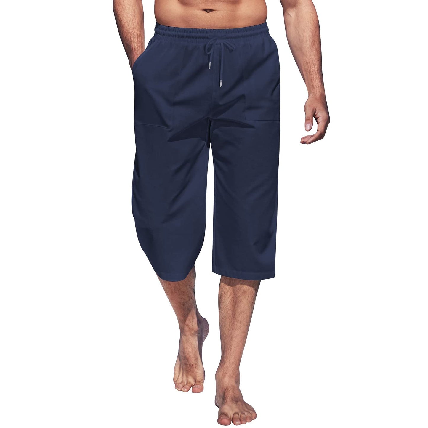 lightning deals of today prime,Beach Pants for Mens Capri Pants Solid Color Elastic Waist Tapered Pants Drawstring Capris Baggy Pants Trousers