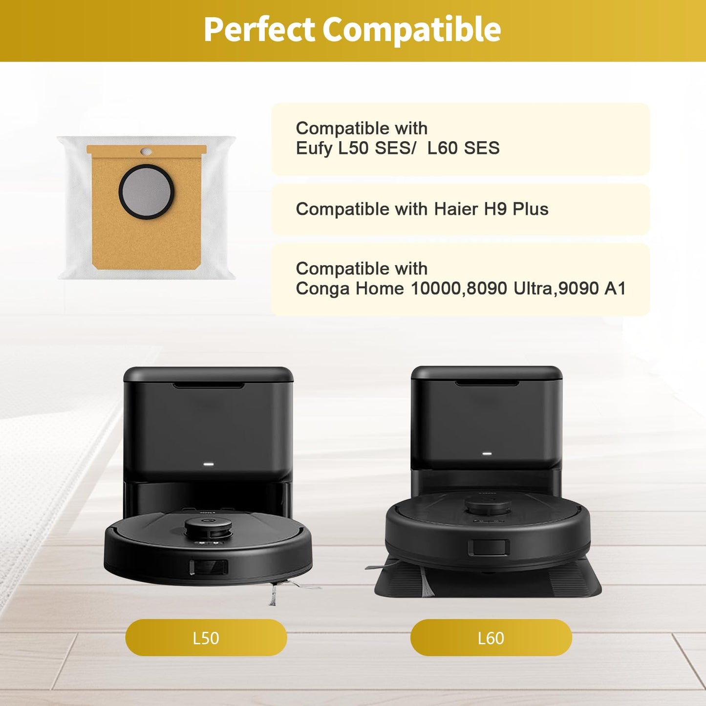 10 Pcs Dust Bag Replacement for Eufy L50, L60 Vacuum Cleaner Self-Empty Station,for Eufy L50SES/ L60 SES, Dust Bag for Conga Home 1000,8090 Ultra,9090AI, Haier H9 Plus Vacuum Cleaner