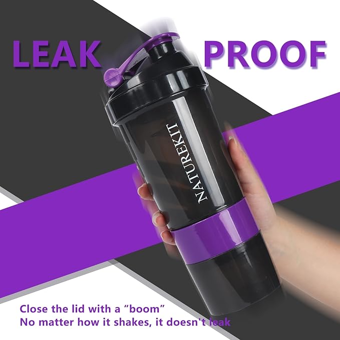 Shaker Bottle,Protein Shaker with Powder Storage Container 18oz, Leak Proof ,Gym Bottle Portable Pre Workout for Mix & Drink Shakes & Smoothies,Dishwasher Safe,Purple