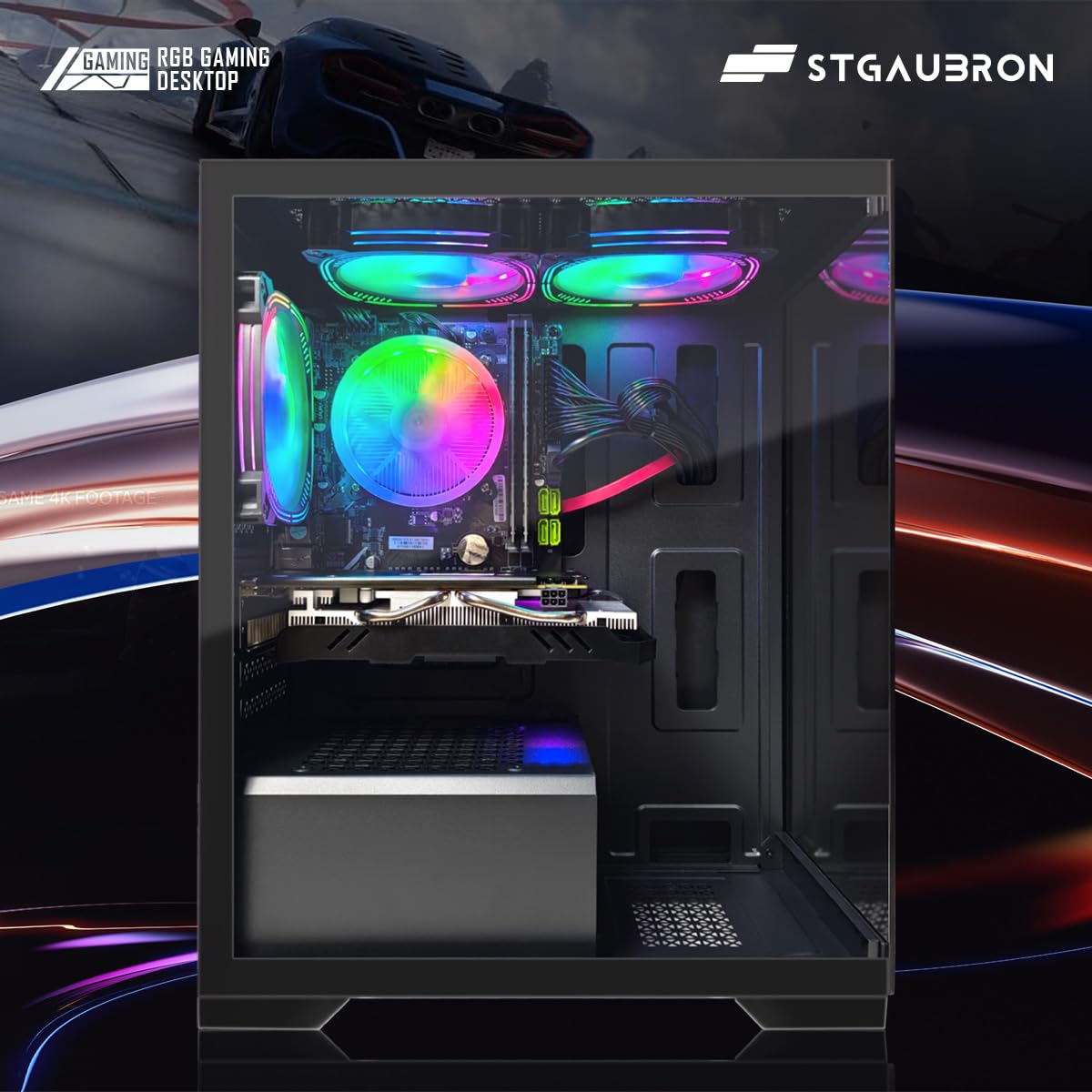STGAubron Gaming PC Desktop, Radeon RX 580 16G GDDR5, Intel Core i7 up to 3.9G, 16G RAM, 512G SSD, 600M WiFi, BT 5.0, RGB Fan x3, RGB BT Sound Bar, Windows 10 Home