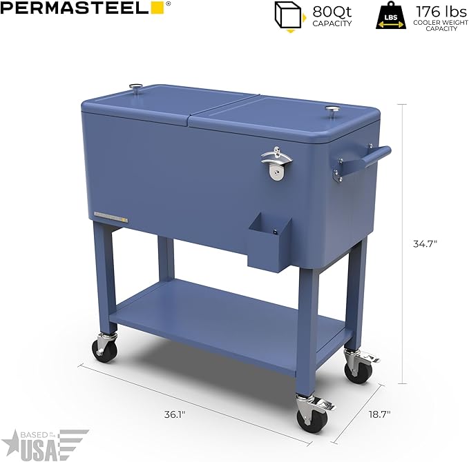 Permasteel Party Cooler with Removable Basin, Spacious 80-Qt Capacity, Rolling Ice Chest for Indoor and Outdoor Entertainment Azure + Bonus Cover