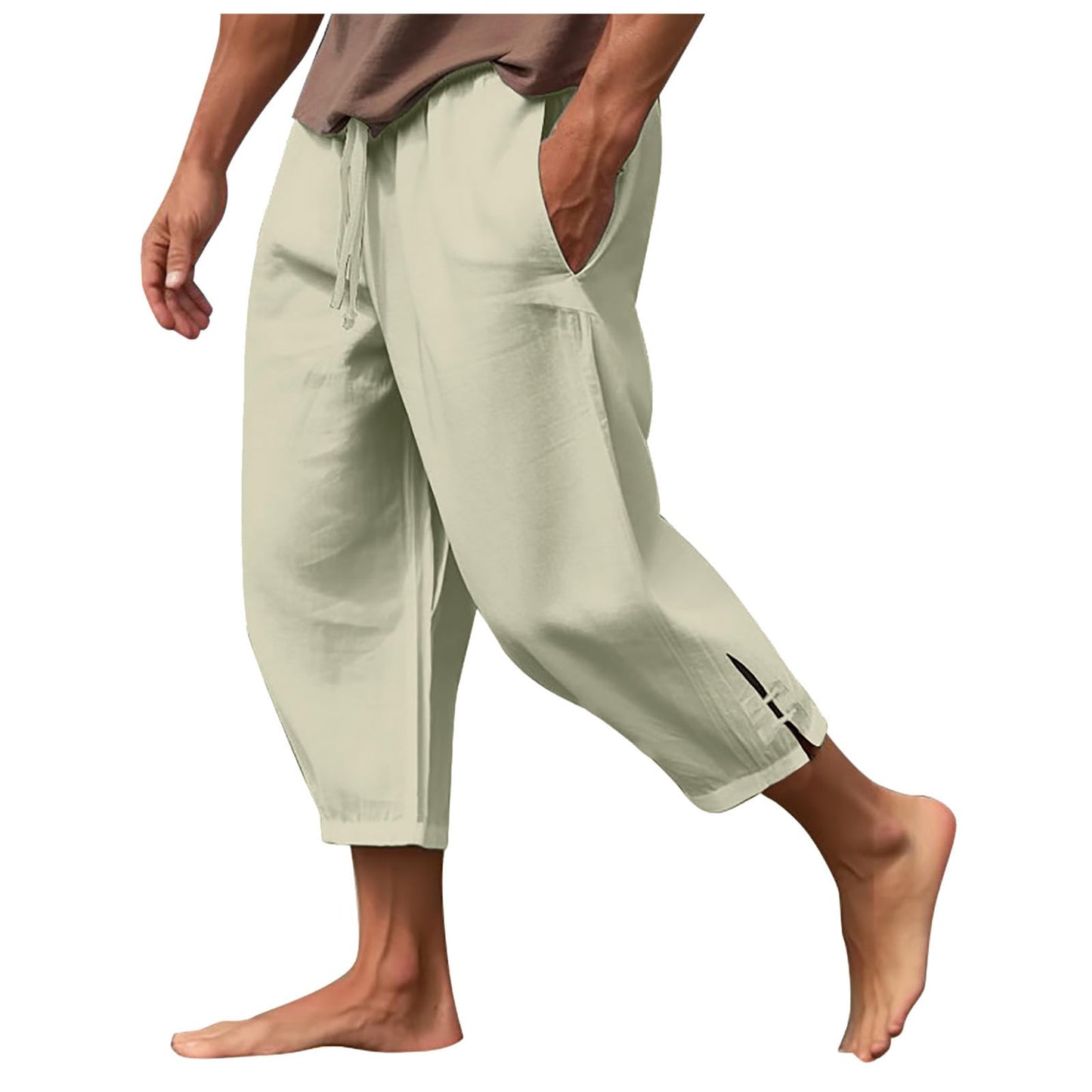 lightning deals of today prime,Beach Pants for Mens Capri Pants Solid Color Elastic Waist Tapered Pants Drawstring Capris Baggy Pants Trousers