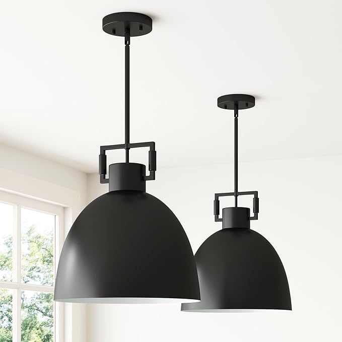 Nathan James Leigh Pendant Lighting, Hanging Ceiling Light with Oversized Metal Shade and Adjustable Cord, for Kitchen Island or Entryway, Matte Black, Set of 2