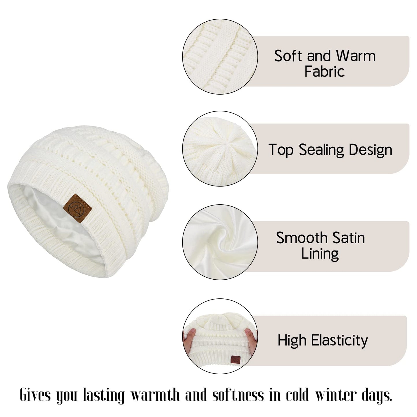 American Trends Winter Hats for Women Satin Lined Beanie Hats Cable Warm Knit Skull Cap Thick Slouchy Beanie for Cold Weather Black&Beige