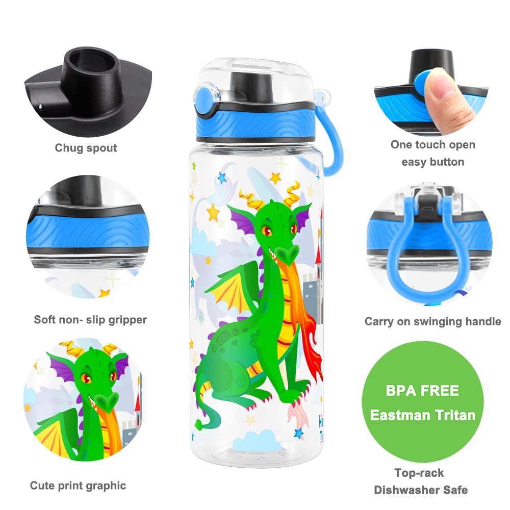 Cute Water Bottle for School Kids Girls, BPA FREE Tritan & Leak Proof & Easy Clean & Carry Handle, 23oz/ 680ml (Fire Dragon)
