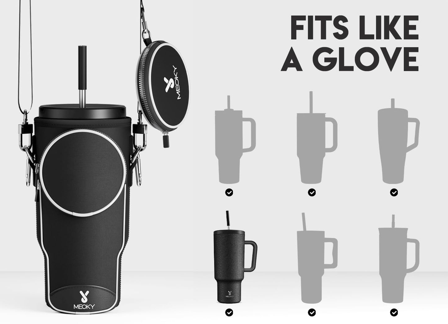 Meoky Water Bottle Carrier Bag with Phone Pocket for 40 oz Tumbler with Handle, Neoprene Water Bottle Holder Pouch with Adjustable Strap, 2 Carabiner Clips (Night)
