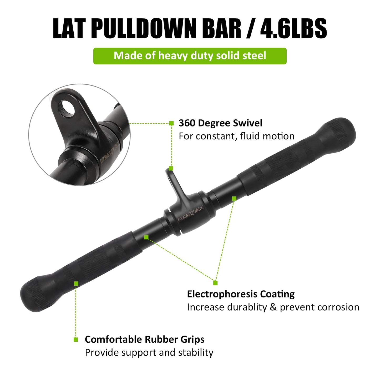 DYNASQUARE Cable Attachments for Home Gym, Made of Heavy Duty Solid Steel, LAT Pulldown Attachment, Weight Machine Accessories, Straight Pull Down Bar, Tricep Rope, Exercise & Double D Handle