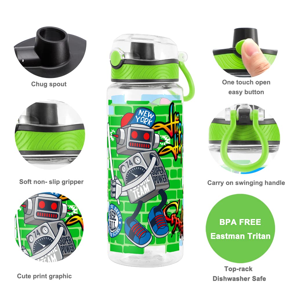 Cute Water Bottle for School Kids Girls, BPA FREE Tritan & Leak Proof & Easy Clean & Carry Handle, 23oz/ 680ml - Sports Robot